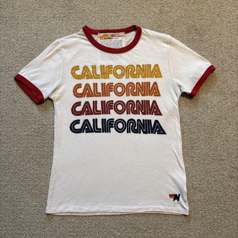 Aviator Nation Shirt Short Sleeve White Ringer California Repeat Pullover Sz XS